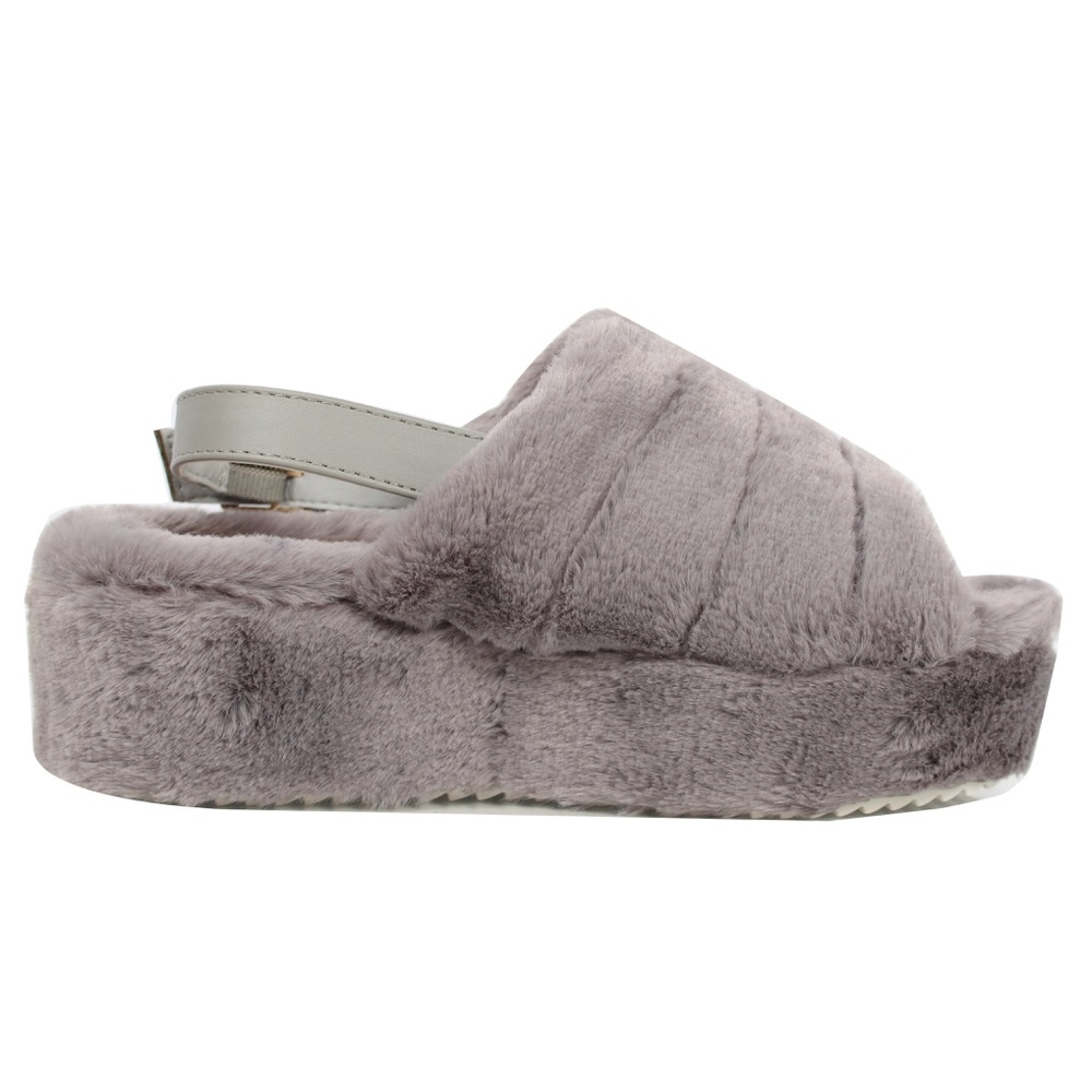 Grey Open Toe Fuzzy Slingback Platform Wed - Picture 3 of 5